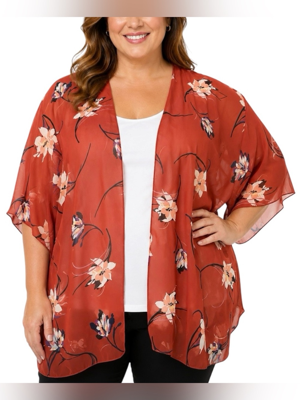 Emory Park Oversized Floral Open Front Kimono Cardigan - Rust Floral Size 2X